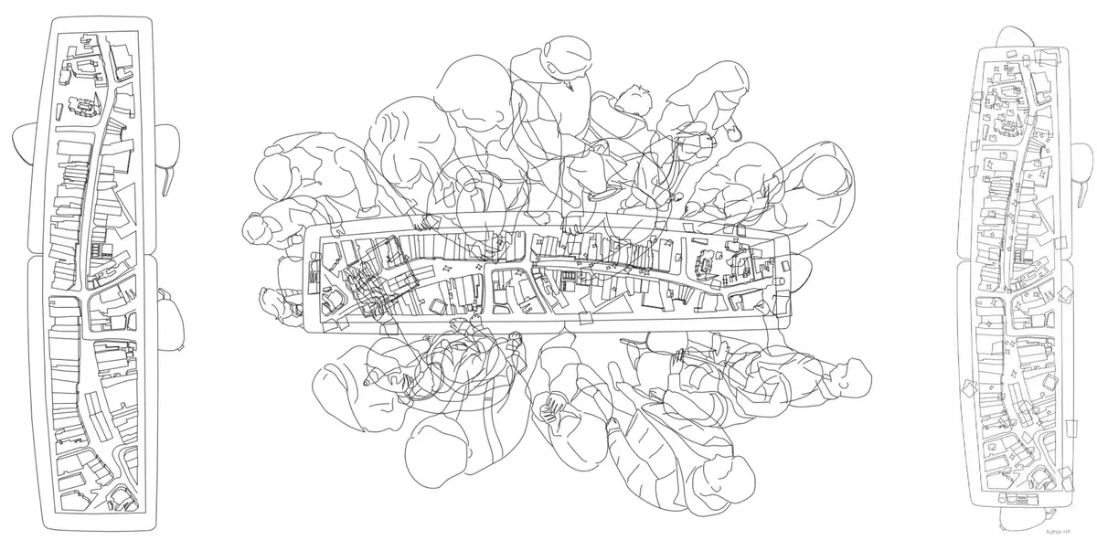 Looking to be the centrepiece of our exhibition, we proposed to create a site model of Dudley Highstreet at 1:200 scale with buildings modelled in a simple form. Local residents and visitors to the exhibition are then invited to decorate a chosen building to how they would envision it sat within the context of a greener Highstreet. We want to tie in our themes of biodiversity and materials by proposing that buildings can, and do, have the potential to be a lot healthier, sustainable, and interactive on the street. This site model also helps gain vital public opinions on the Highstreet and prompts discussion of areas most in need of attention.

To ensure that the model is utilising the MDF to the most efficient standard possible. First, the centres of the massing blocks have been hollowed out. This allows a reduction in materials used as other buildings can be cut in the centres of the model. Then the top is finished with a solid piece.
The waste material is placed into the recycling rack where other students can reuse it; otherwise, if the material left cannot be used for another project, it is recycled correctly by the university.

The model spanned just over 3.4m long and over 50cm wide. With the majority being cut from scrap woods that would fit the jigsaw of the shape, we were able to drastically cut down on waste. We also got some small benches and bee hives printed from recycled plastics, and used dried flowers as trees to represent the green spaces. Ultimately, the model seemed like a huge success, and really helped portray our ideas about Dudley High Street to those who came by. Everyone from Dudley who saw the model knew that it was the High Street, and interacted well with it. The size did make it difficult to move, especially to carry to the site, but it sat nicely in the centre of the the room and really drew people in to interact with it.

The model brought people in from outside to play with, write on, interact with. It became a spectacle for the public to come in and see what was happening and offer their ideas about what could be done.

The event was a success. Many people from the public (those who heard about the event, and those who just happened across it on the day) came in to interact with the model, which sat as the centre piece in the room. Kids liked to play with the pieces while the adults talked about things that could come from actions to help the High Street, not just leave it as is.

SOME OF THE KEY IDEAS WERE:
- The Shops need to be inviting for everyone. It’s no good having these places to go if people would rather take a bus to the next town.
- Just putting up boards across the windows is awful. Paint, Posters, Graffiti: Anything that actually makes the High Street look still alive is better than just wooden boards.
- More Green is needed. While it is obvious that there is a lack of Trees, many people wanted to push for these small bushes or planting spaces that could easily be implemented across the street.
- Spaces for public events or for people to at least gather at. While there is the Market and Fountain, it is not enough for the people of Dudley.
- Something needs to be done about the cars on the High Street. Some were Pro-Removal of all Cars, while some just wanted to limit when they could access the High Street.

Following the exhibition we created a series of drawings with our own interpretation of Sarah Wigglesworth ‘The Dining Table’ drawing. The drawings are a perfect representation of the our interactive model at the ERA Environmental Exhibition and Event. Showing the interaction the public had with the model, as well as the conversations that were held around the model. - Model - trace 2.png